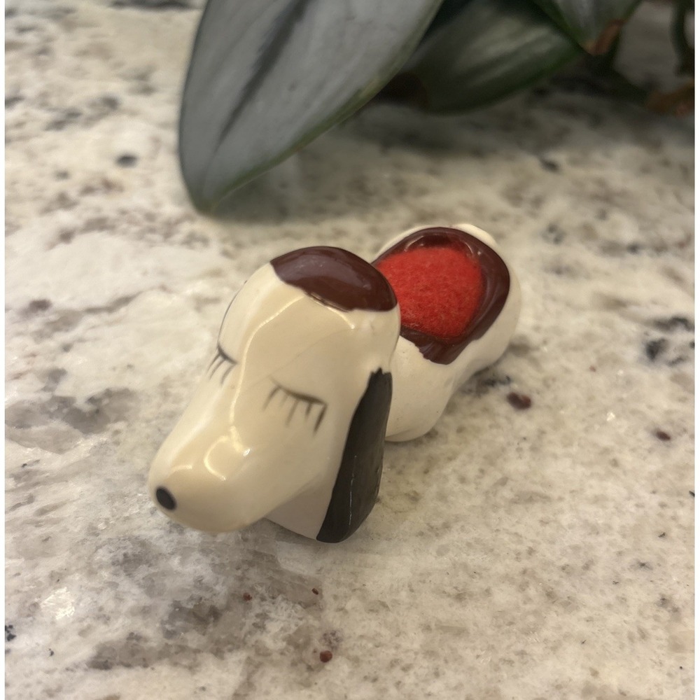 Vintage Ceramic Dog Pin Cushion Small sewing Crafts Puppy Sleeping READ